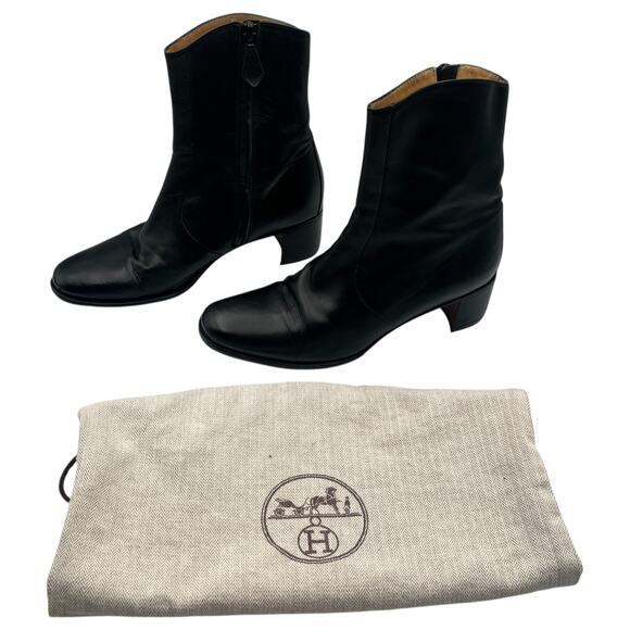Hermes Vintage Side Zip Block Heel Leather Ankle Boots Black Size 36 / 6 - Picture 1 of 10